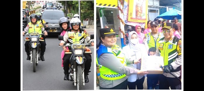 Kapolres Siantar AKBP Yogen Heroes Baruno, SH, SIK dan Ketua Bhayangkari Cabang Kota Siantar Ny. Sandra Yogen boncengan mengendarai sepedamotor (Septor) tinjau Pos Pengamanan (Pam) dan Pos Pelayanan (Yan) Ops Lilin Toba 202.
