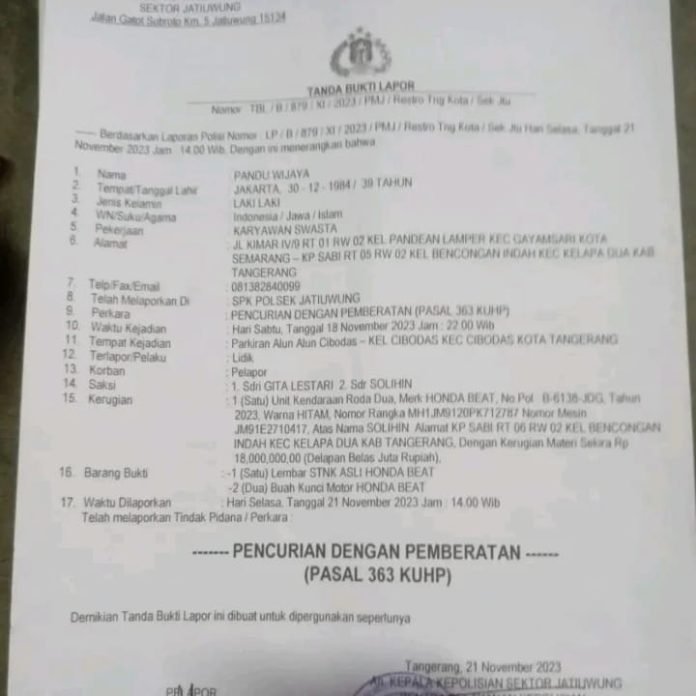 Pandu Wijaya Pria 39 Tahun Korban Pencurian Motor di Alun-alun Cibodas, Keluhkan Kinerja Oknum Penyidik Unit Reskrim Polsek Jatiuwung