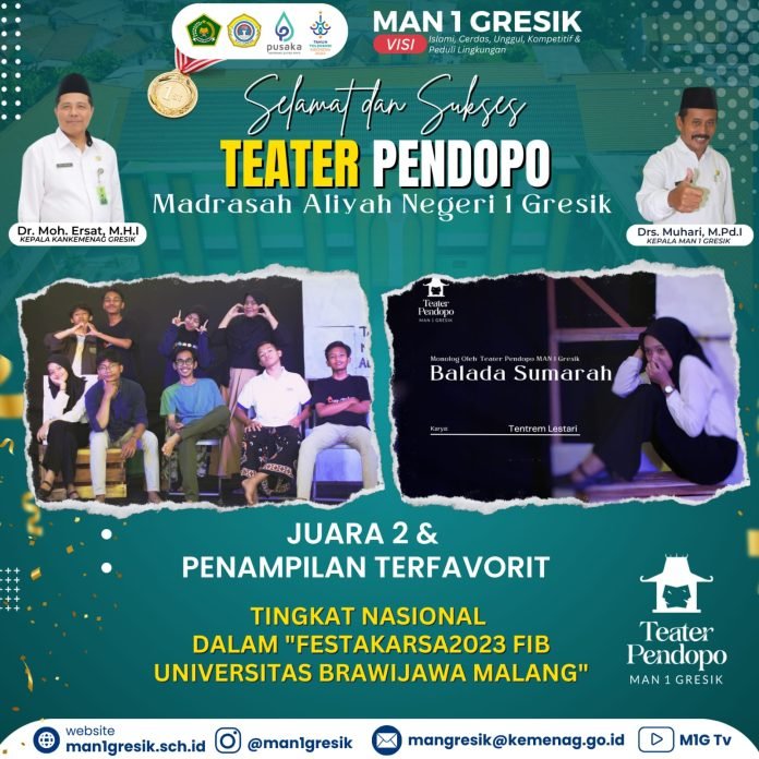 Teater Pendopo MAN 1 Gresik Juara II Nasional Dan Terpavorit Diajang Festakarsa 2023.di  Malang