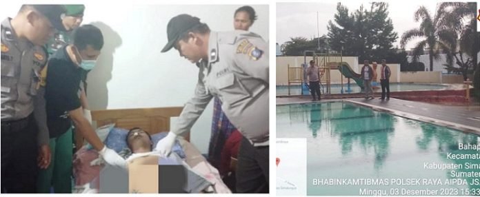 Jenajah korban Gery Steven Purba saat dirumah duka dan personil Polsek Raya saat Olah TKP di Kolam Renang Simalungun City Hotel 